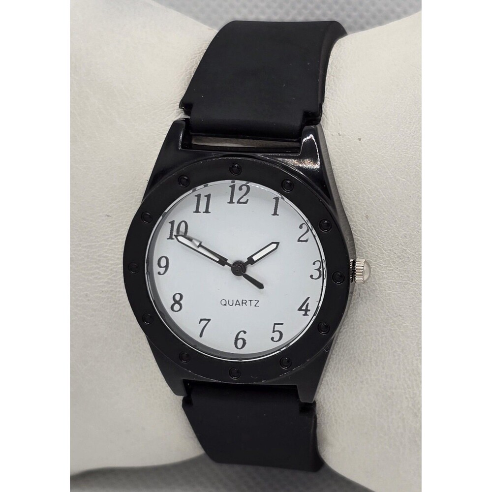 Unisex Quartz Round White Dial Large Numbers Black Silicone Strap Watch 04 - Picture 2 of 9